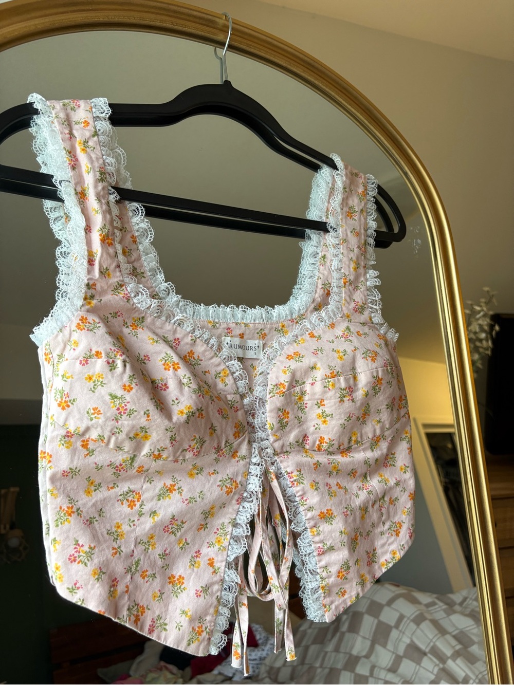 Coquette Cottagecore Bohemian Pink Floral Lace-Trim Rumours Tie Front Crop Top